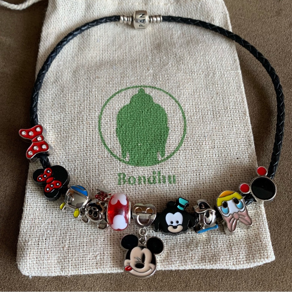 Pandora Leather Double Bracelet Necklace with w/ Disney Mickey Mouse Theme Charm